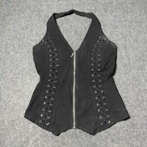 VTG Y2K Oh Yes Lace Up Zip Front Halter Top Size L Grunge Rave Festival